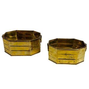 Pair Of Nesting Brass Octagonal Planters With Handles Bowl Basket VTG 60s